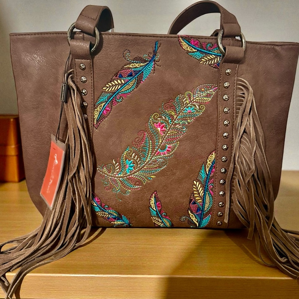 Montana West Brown Fringe Tote with Multicolor Embroidered Feathers
